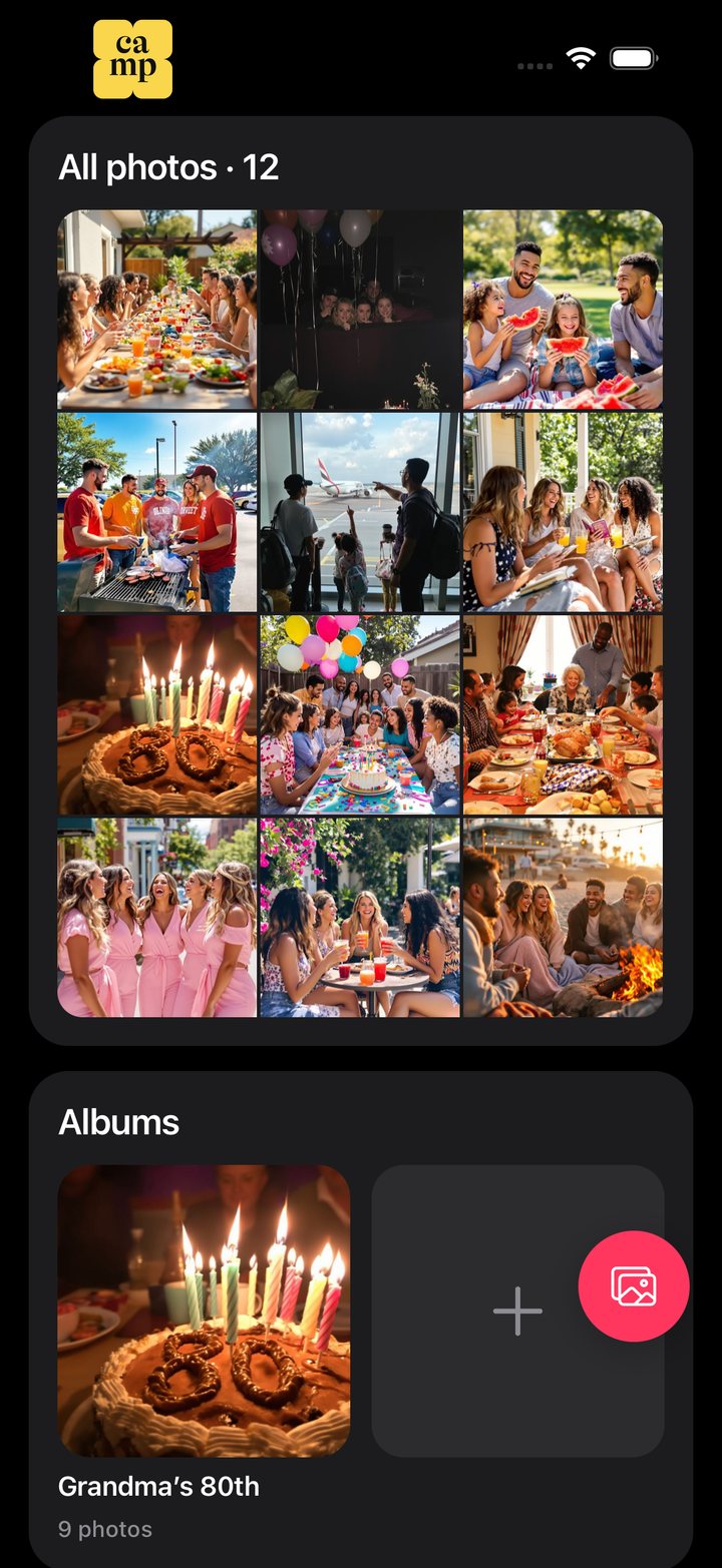 The Johnsons’ albums in Camp: twelve photos in a grid, and an album for Grandma’s 80th