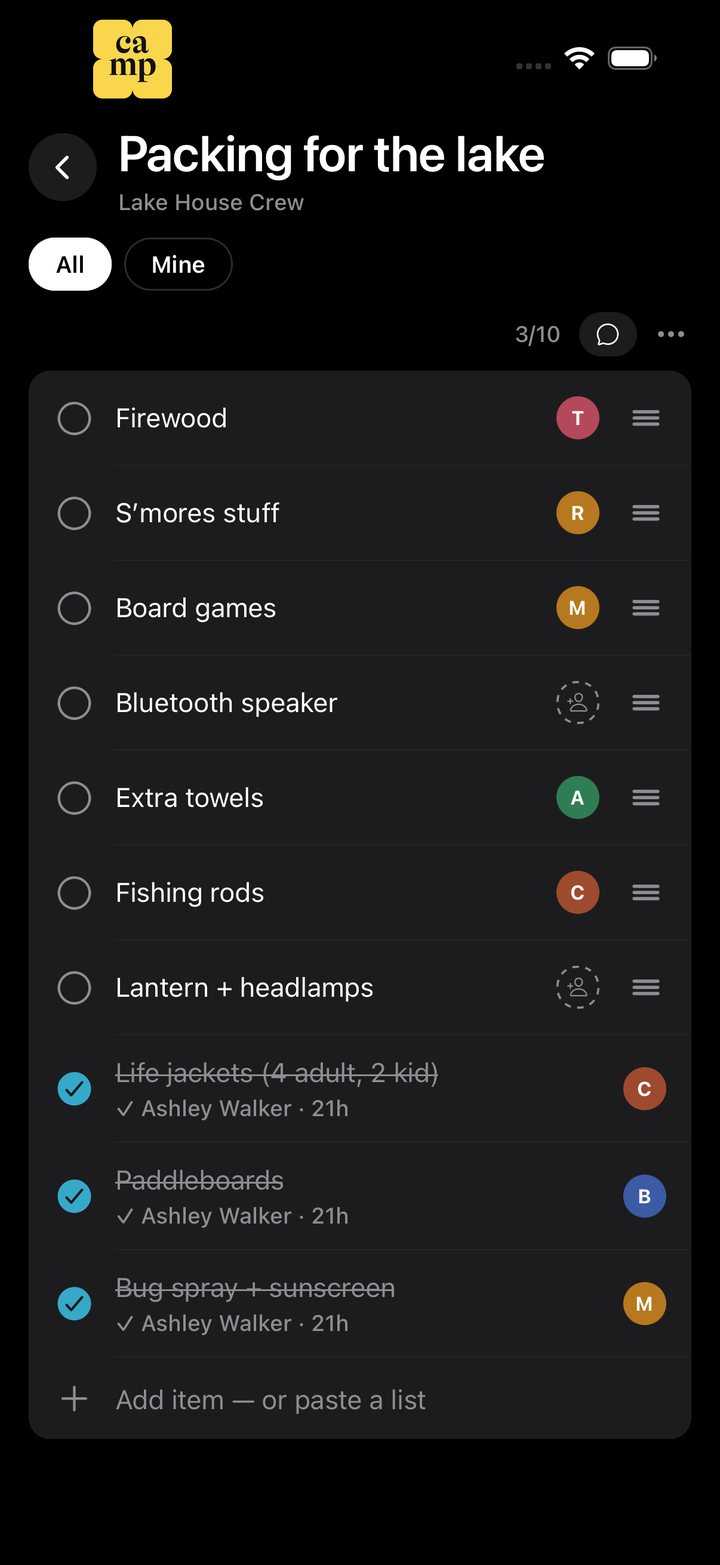 Lake House Crew’s packing list in Camp: each item with the person taking it, three checked off