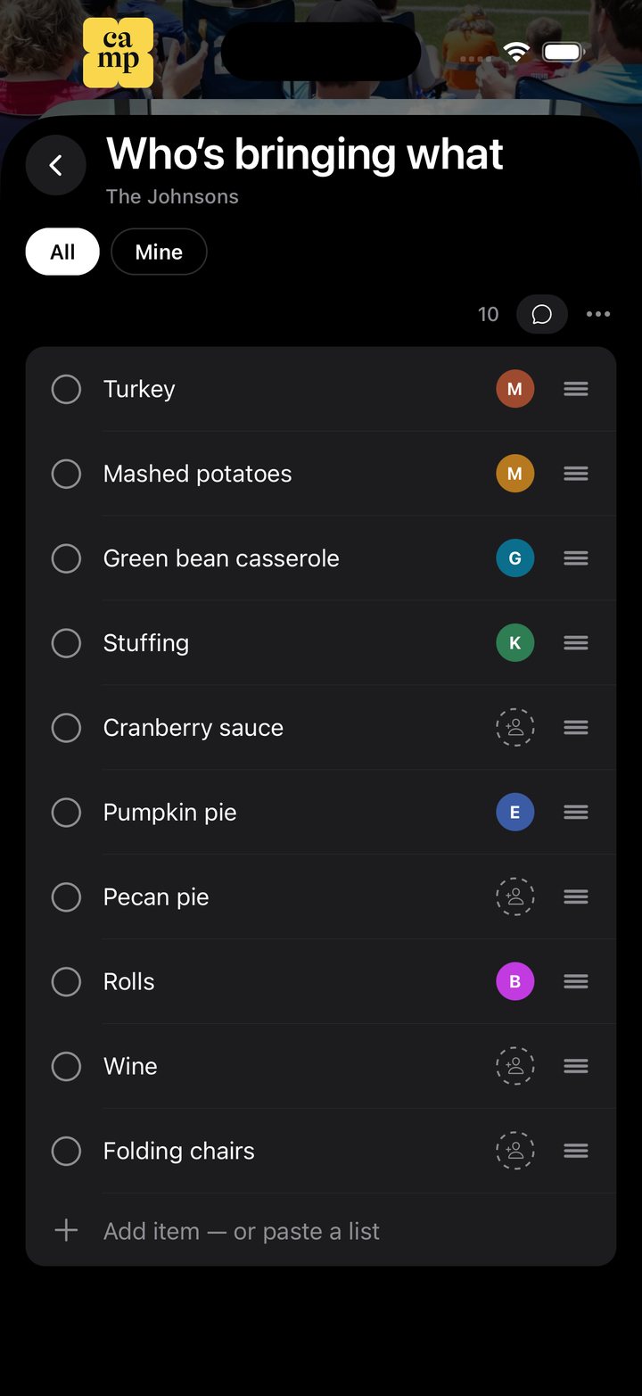 The Johnsons’ Thanksgiving list in Camp: who’s bringing what, with empty slots still open